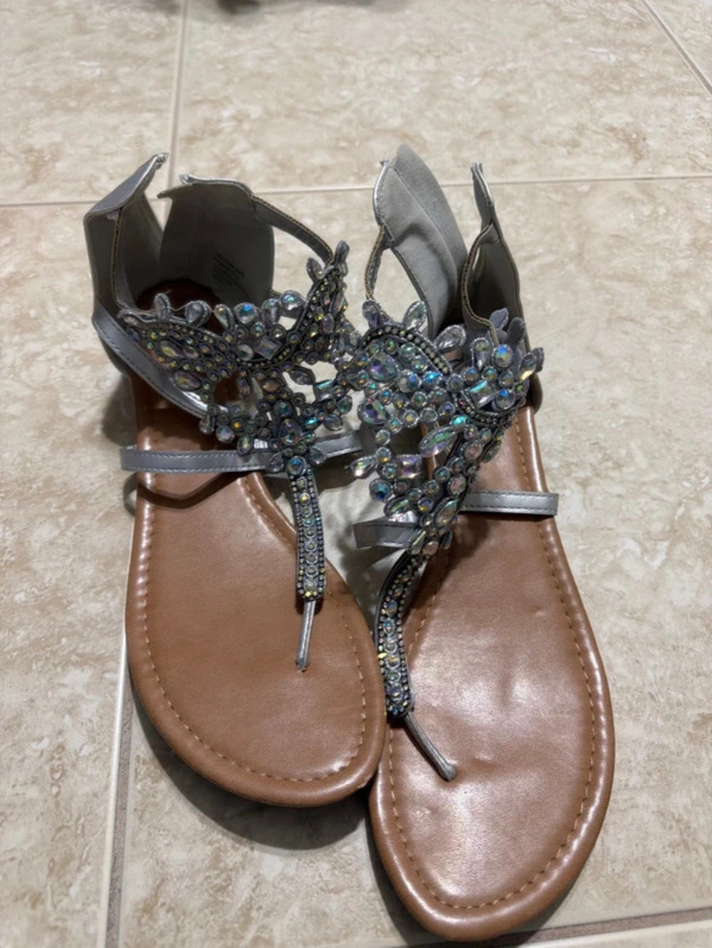 Silver Rhinestone Embellished Gladiator Flat T-Strap Thong Sandals